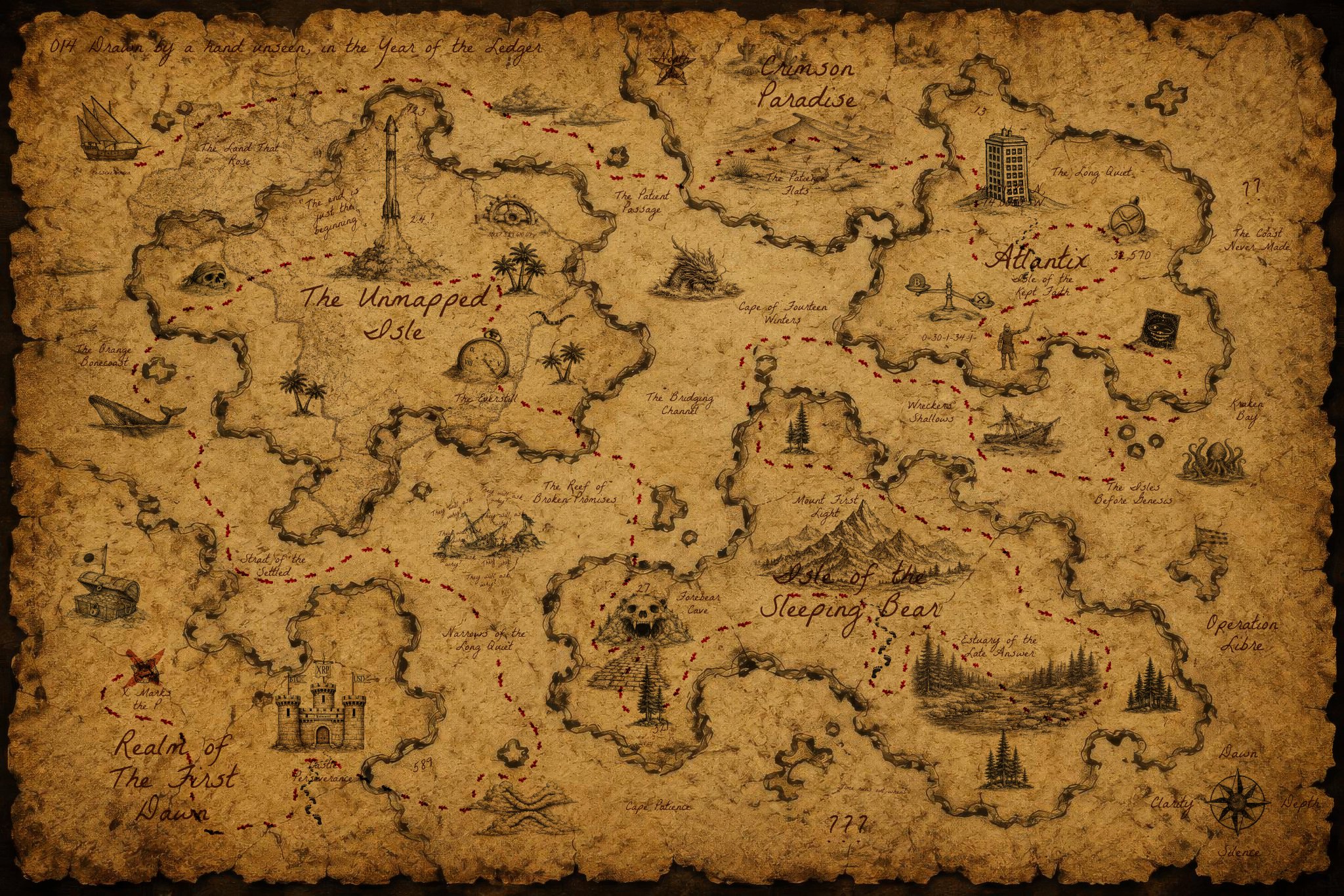 The Fuzzy Treasure Map, an old parchment-style map posted by @fuzzy_xrp on X